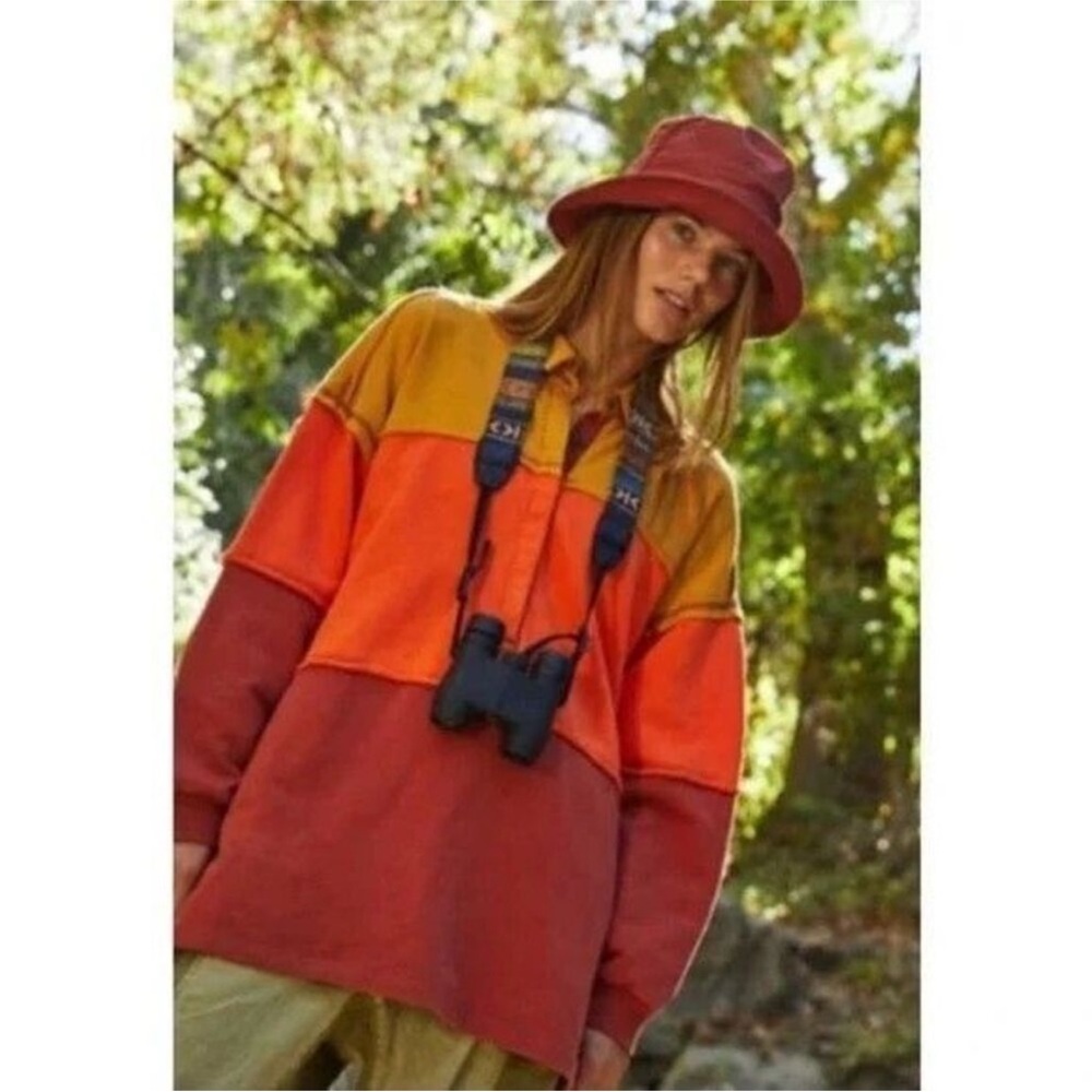 Free‎ People Freda Polo Tunic Orange Combo Small Oversized NWT